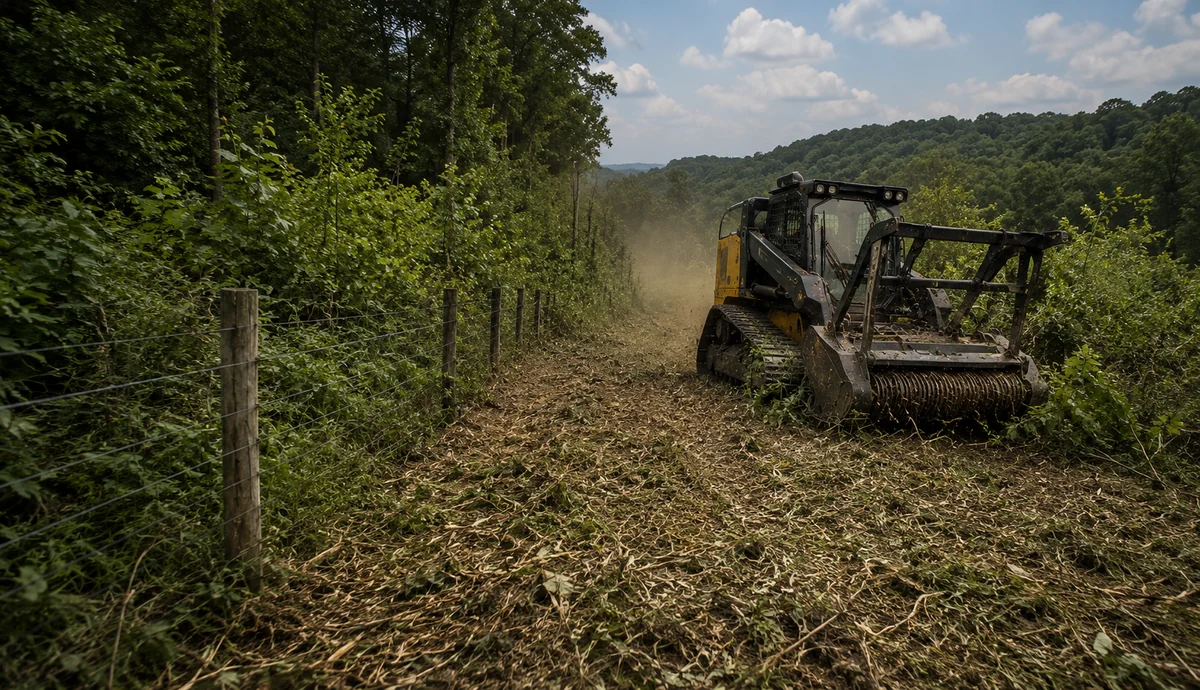 Land-clearing machine opening a fence line beside rural property