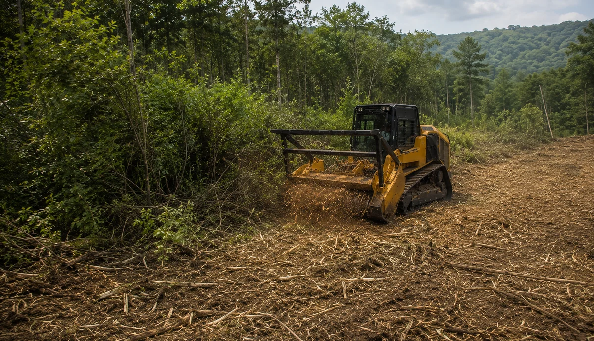 Forestry mulching machine grinding brush along a wooded edge