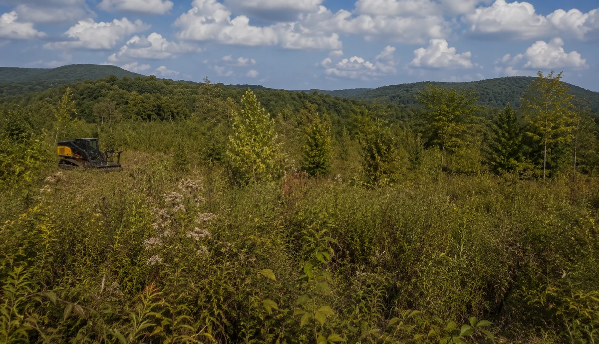Overgrown rural acreage with brush and young trees