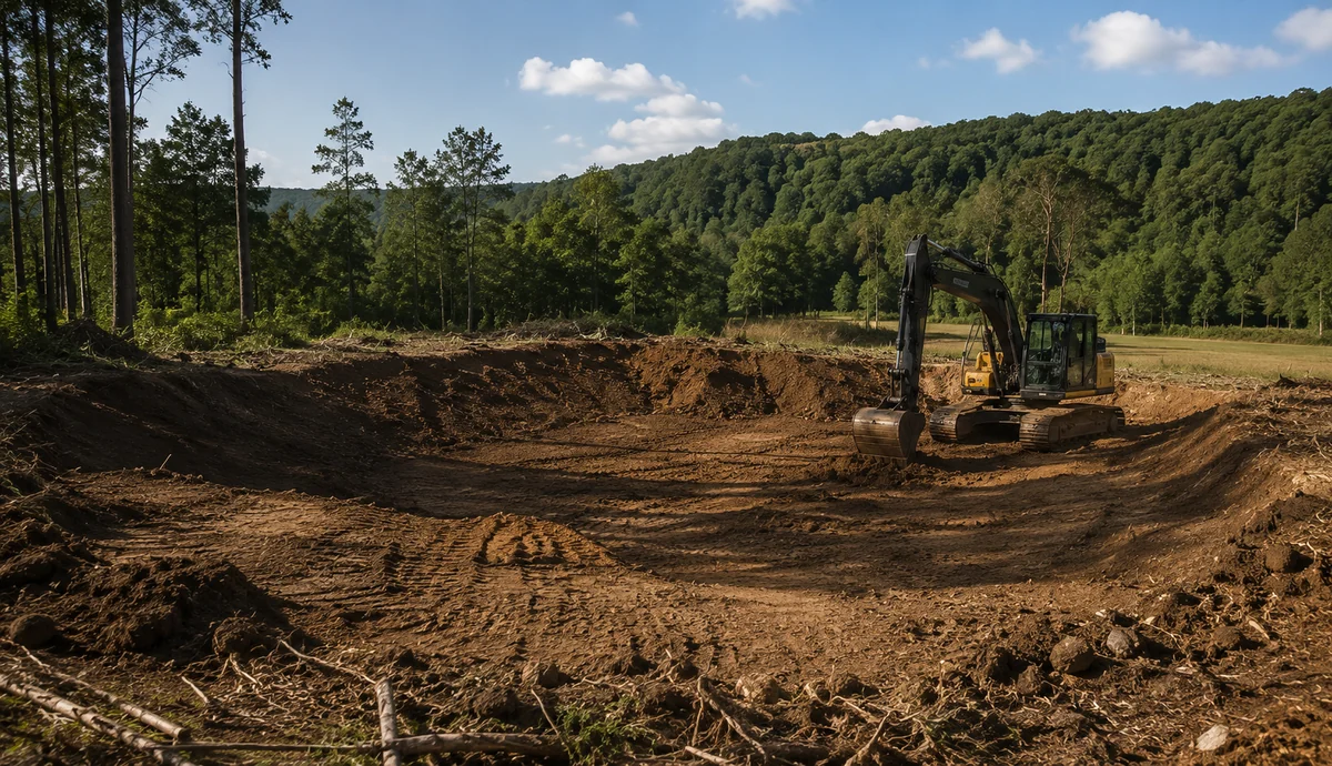 Excavator preparing a pond site in a wooded clearing