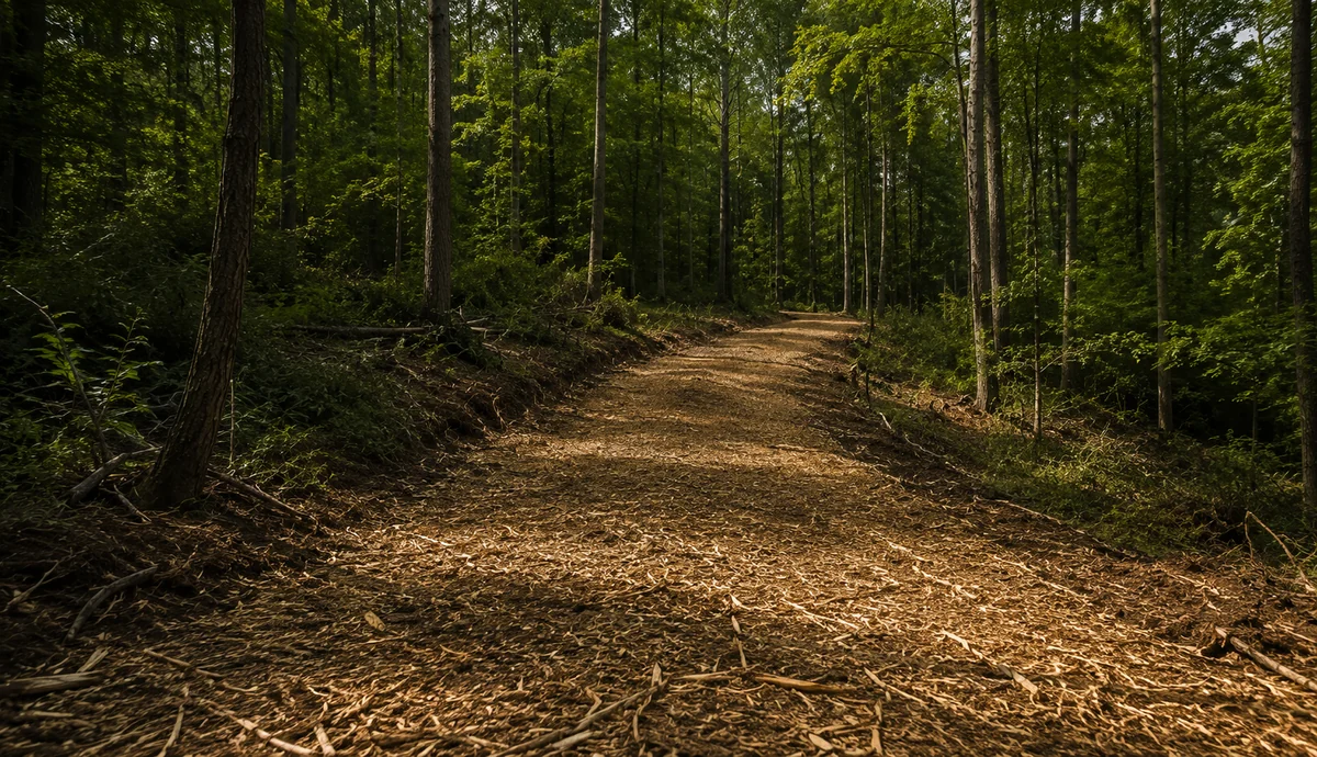 Freshly cleared wooded trail through a forest