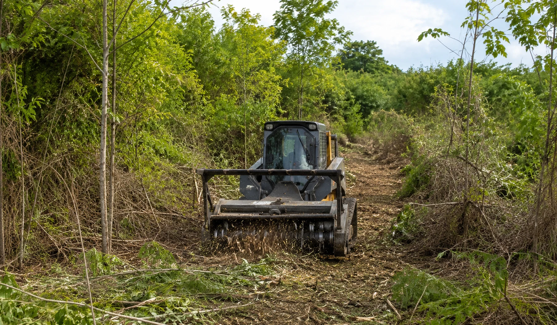 Mulching machine clearing dense brush and saplings from a rural parcel