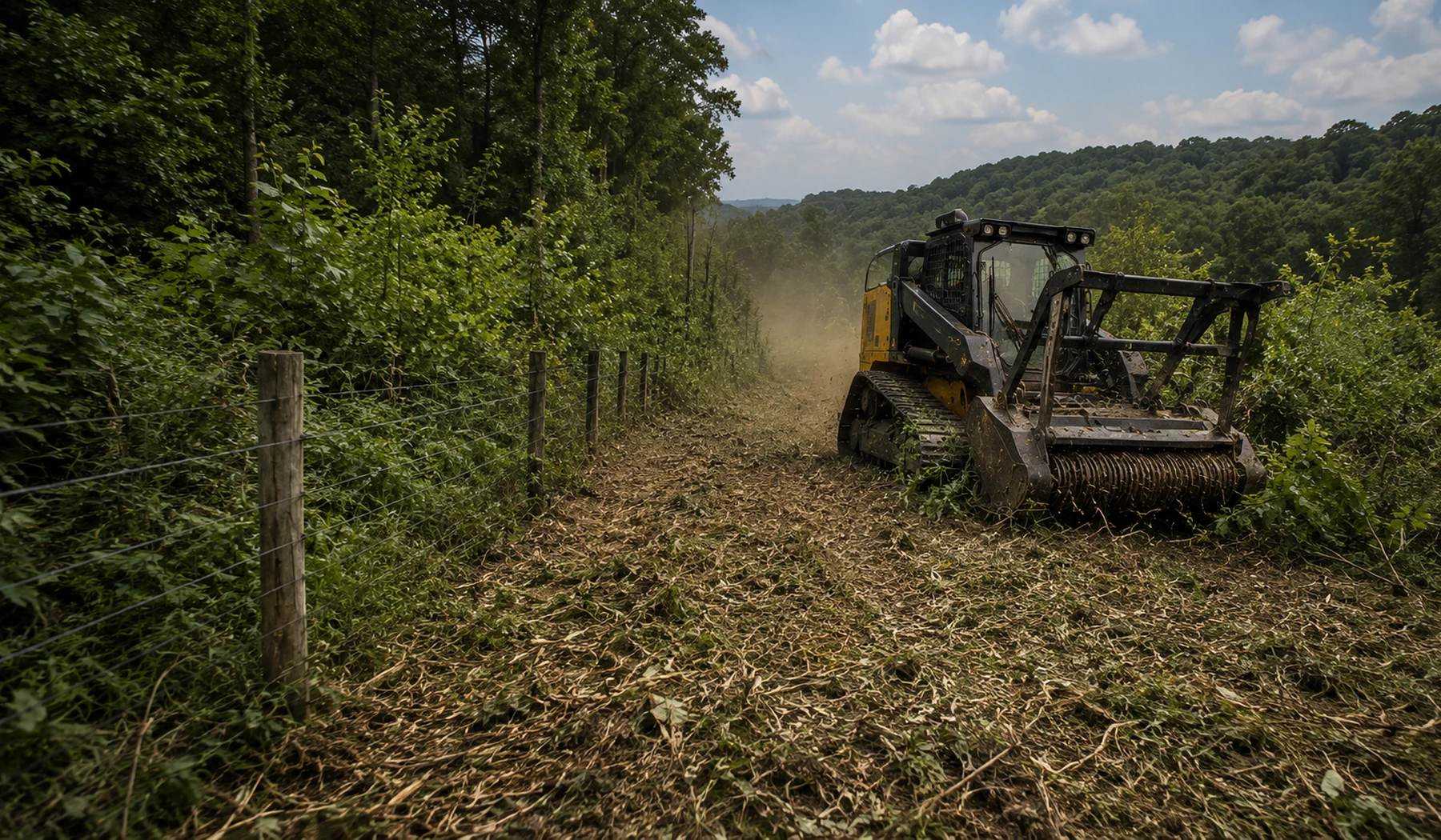 Land-clearing machine opening a fence line beside rural property