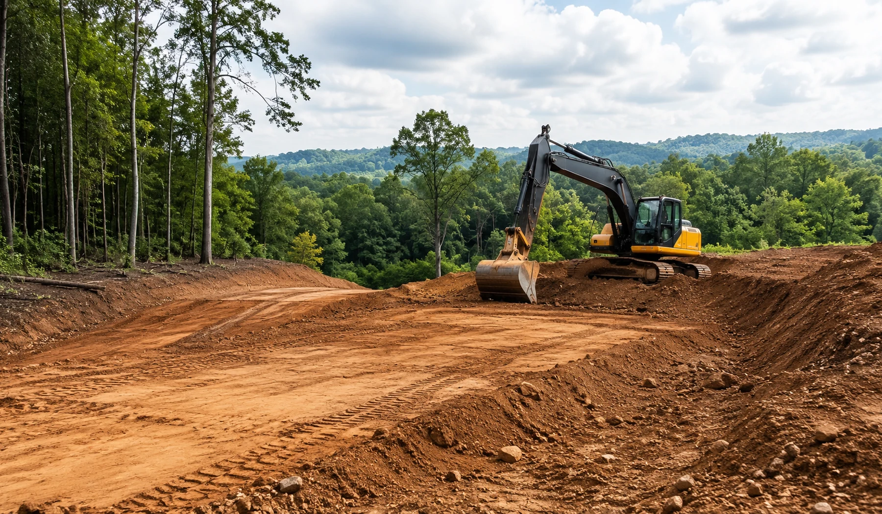 Excavator grading a rural construction site after land clearing