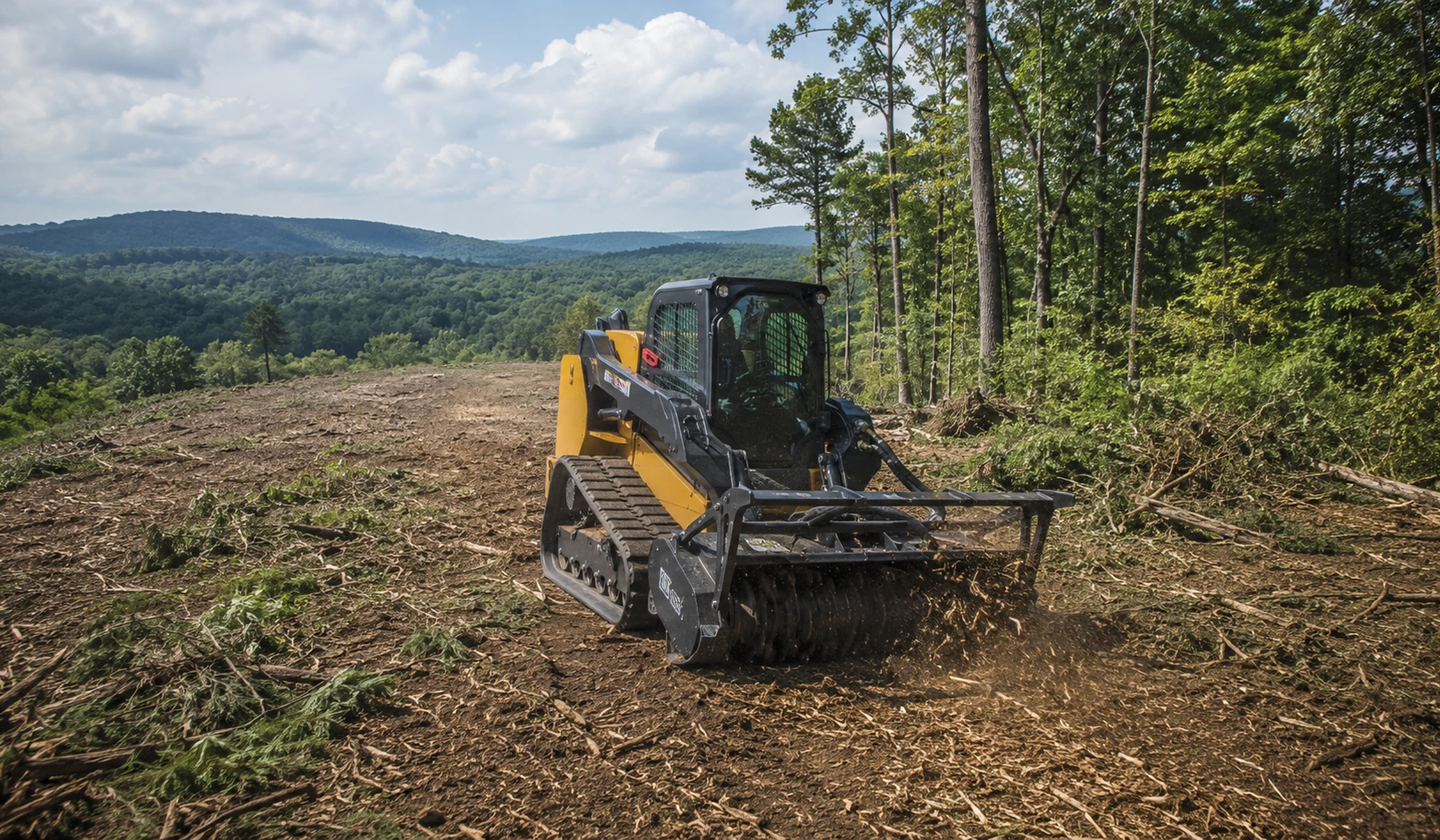 Tracked land-clearing machine opening a wooded rural property