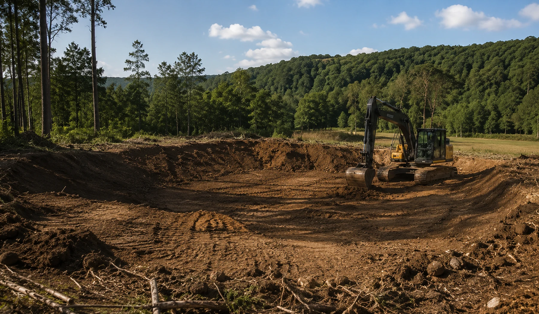 Excavator preparing a pond site in a wooded clearing