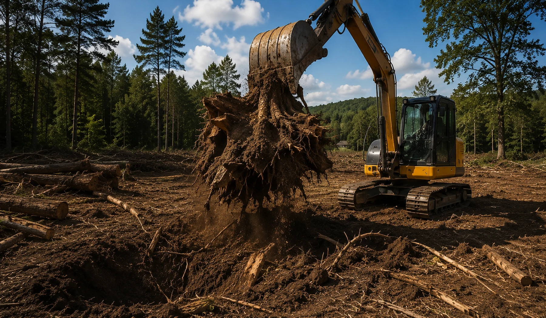 Excavator lifting a large stump and root ball from cleared ground