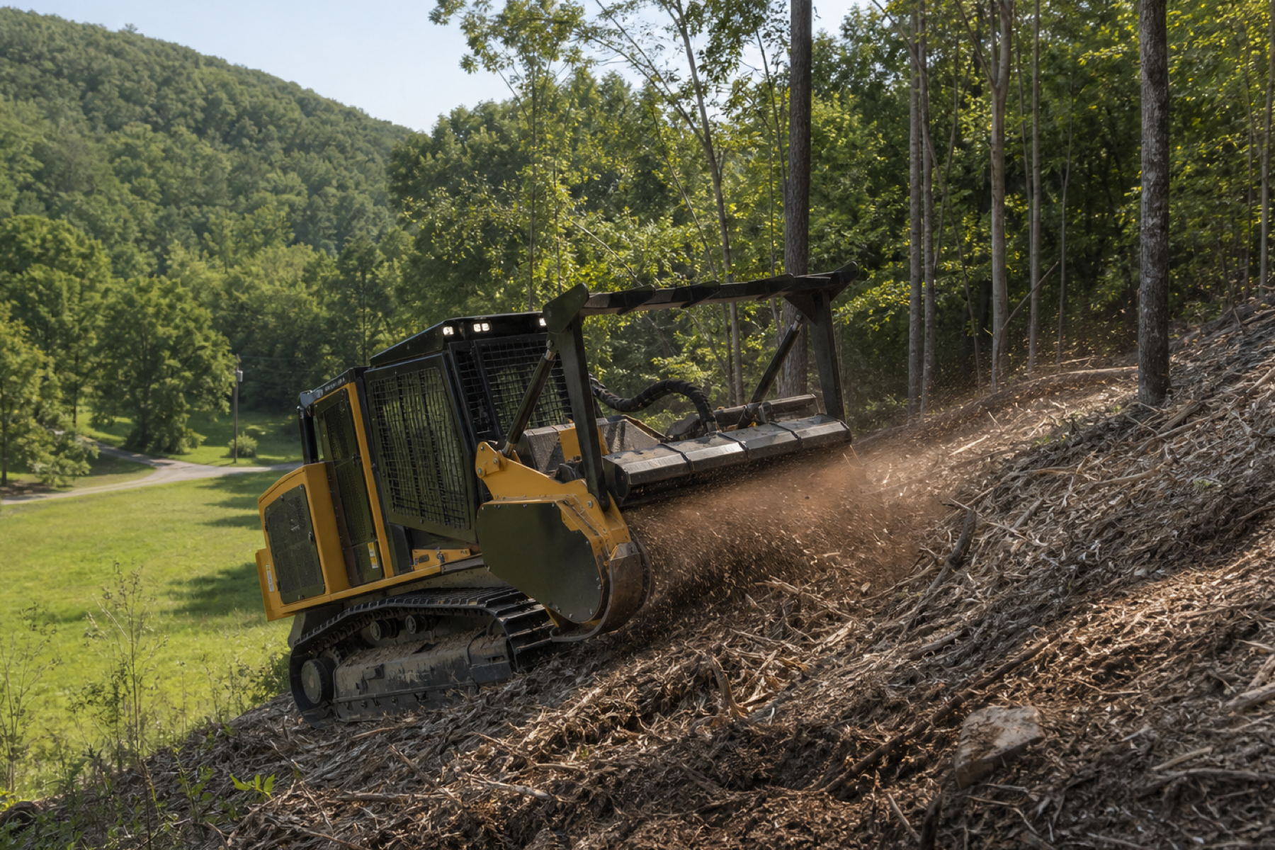 Forestry mulcher working a sloped, wooded hillside