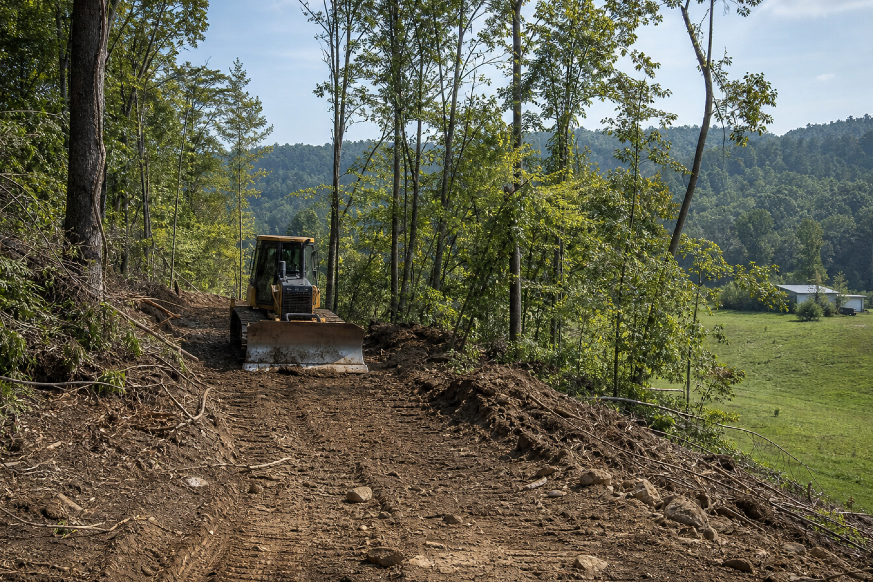 Cleared driveway corridor through wooded rural land