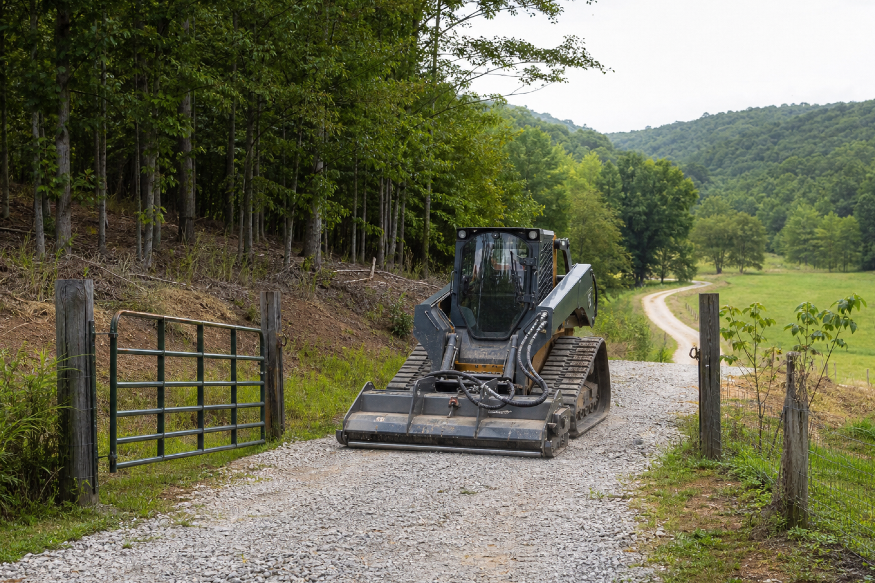 Tracked equipment navigating a narrow rural access route