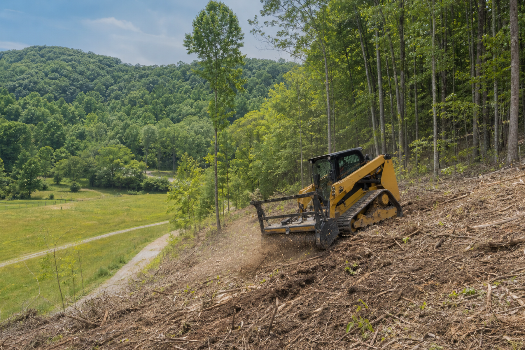 Sloped wooded hillside being cleared