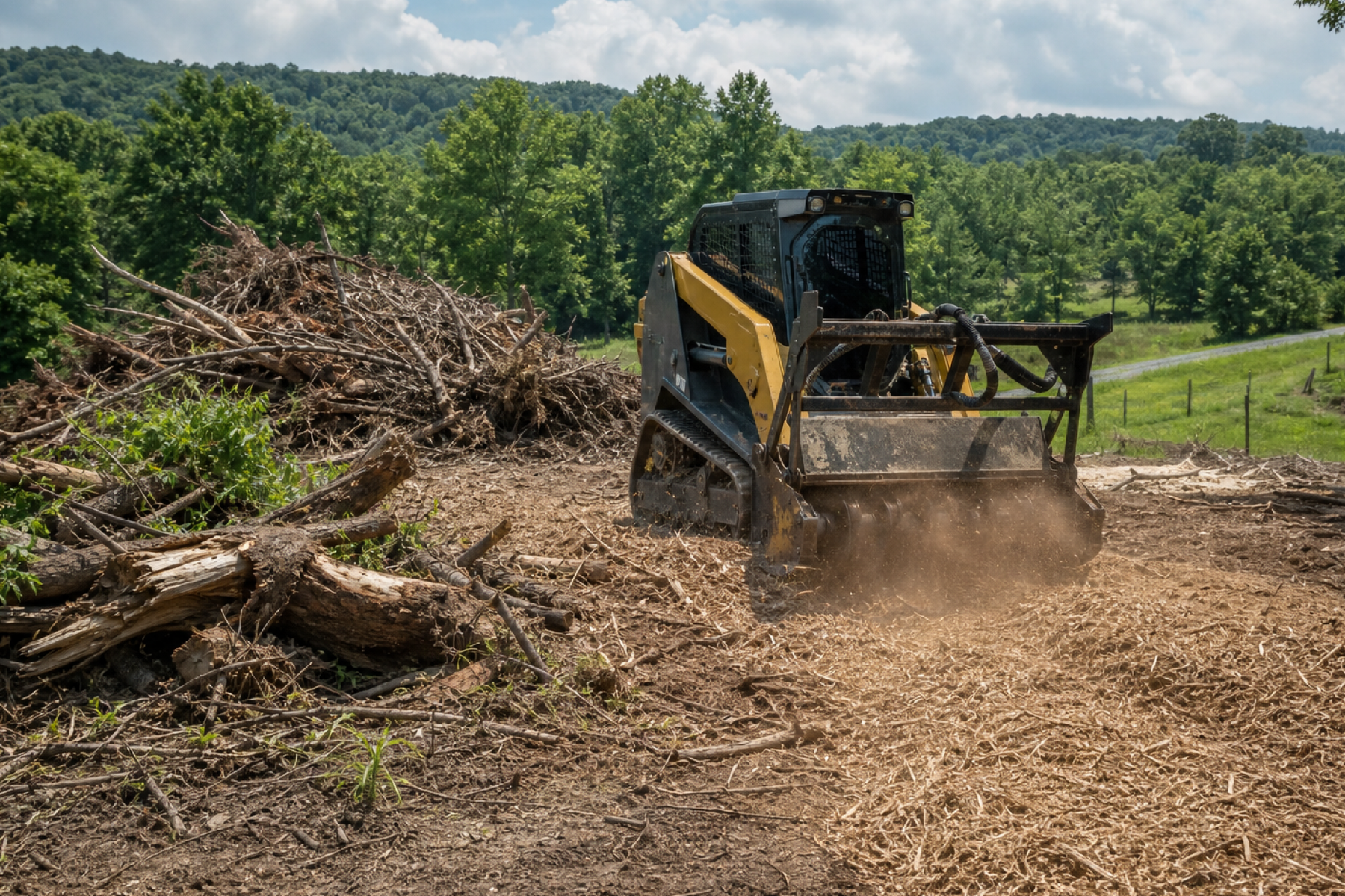 Cleared brush and debris being handled on a work site