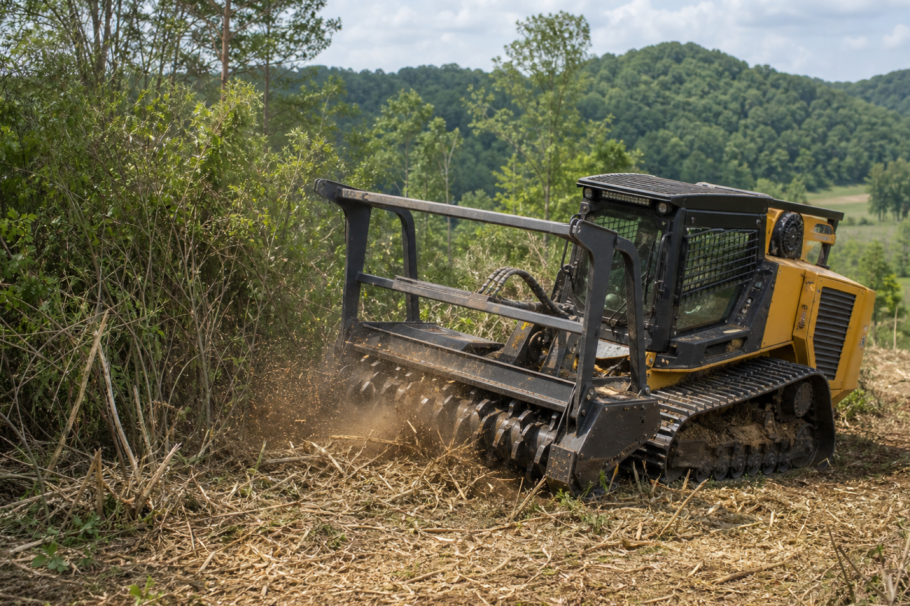 Forestry mulcher grinding brush and saplings into ground-level mulch