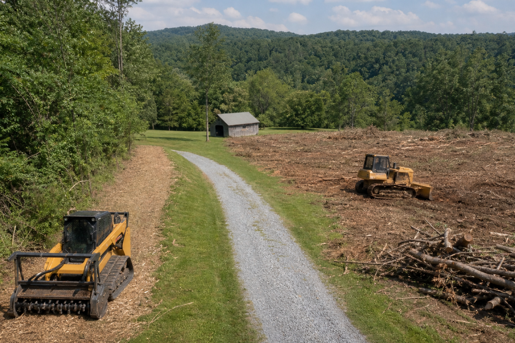 Forestry mulching equipment working rural wooded property