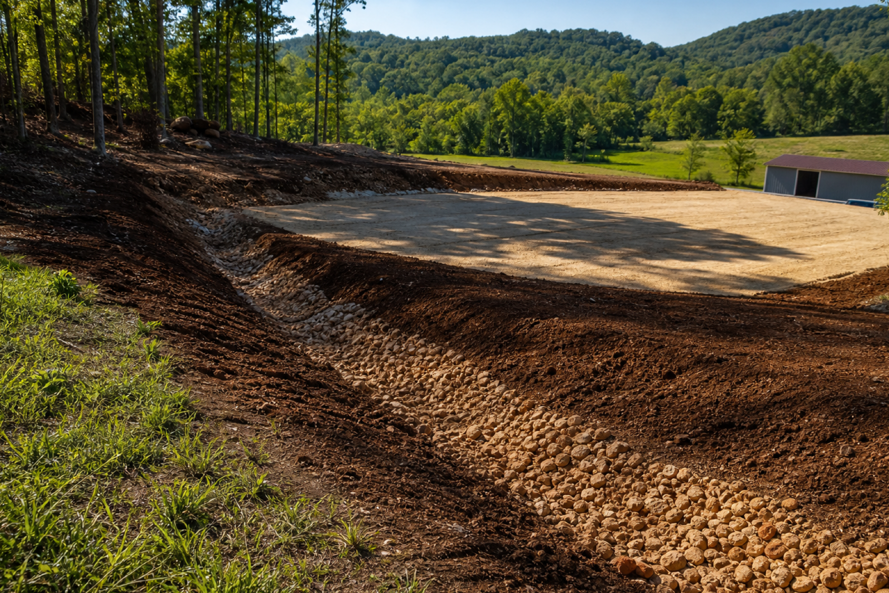 Graded site shaped to drain water away from a building area