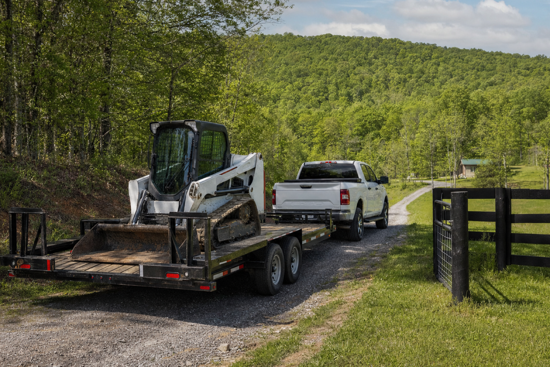 Land-clearing equipment staged at a rural property entrance