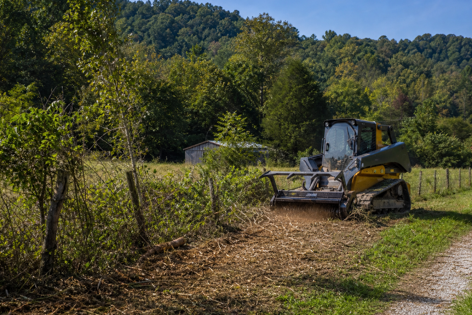 Brush-choked fence line being cleared on rural property