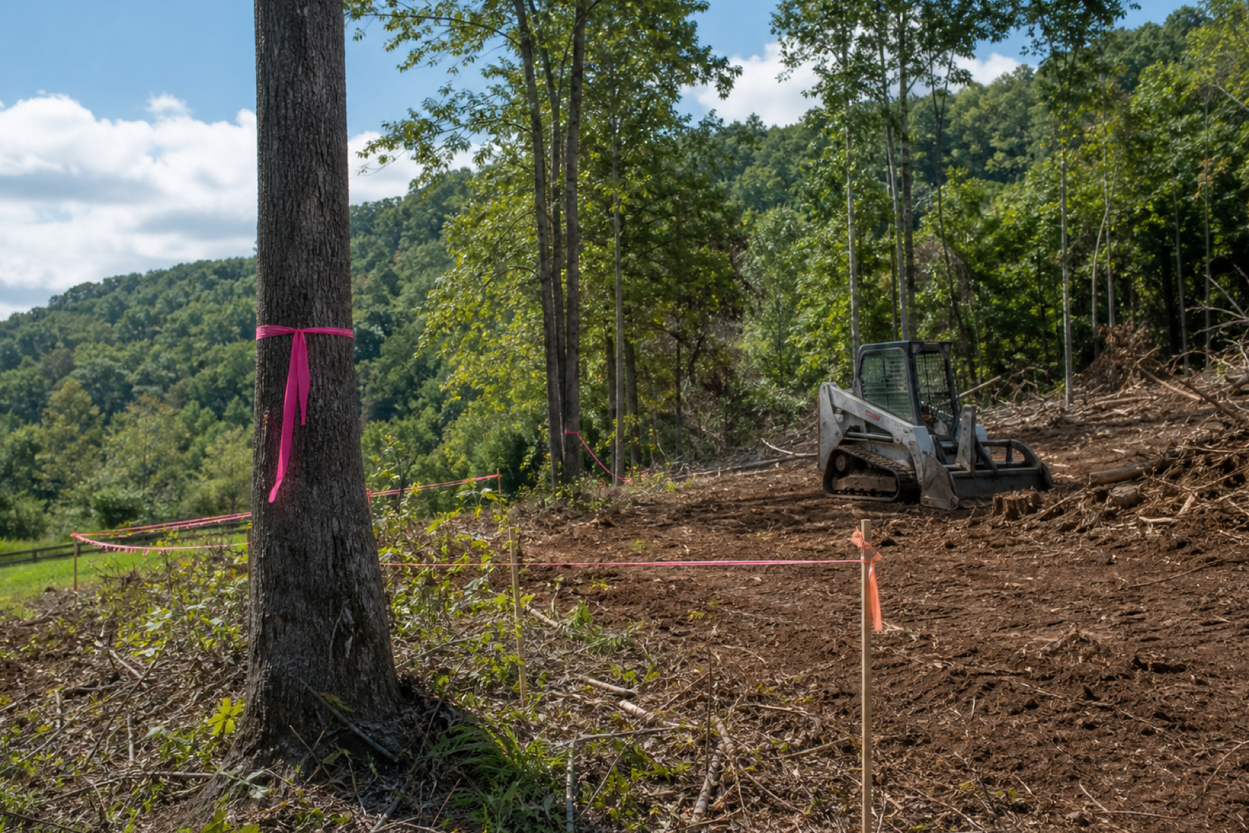 Flagging tape marking a clearing boundary on wooded property