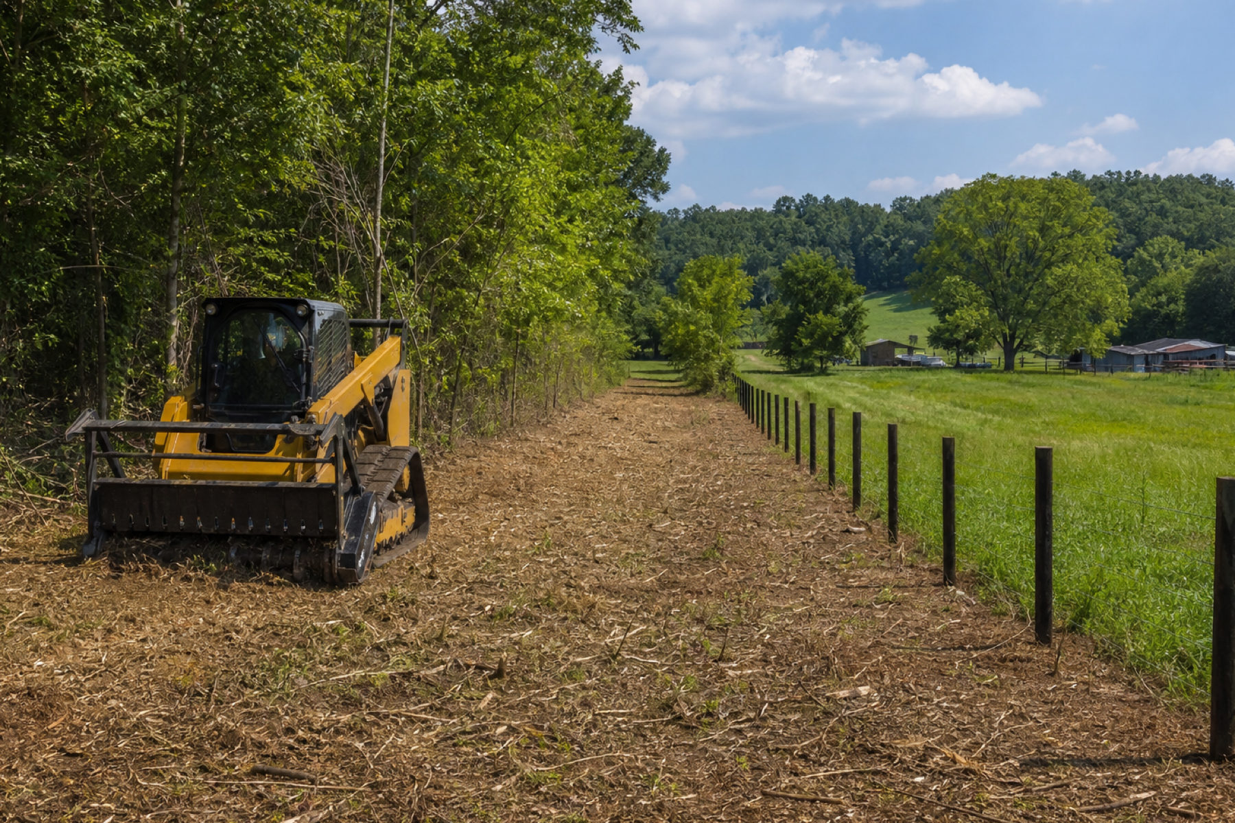 Cleared corridor along a rural fence line