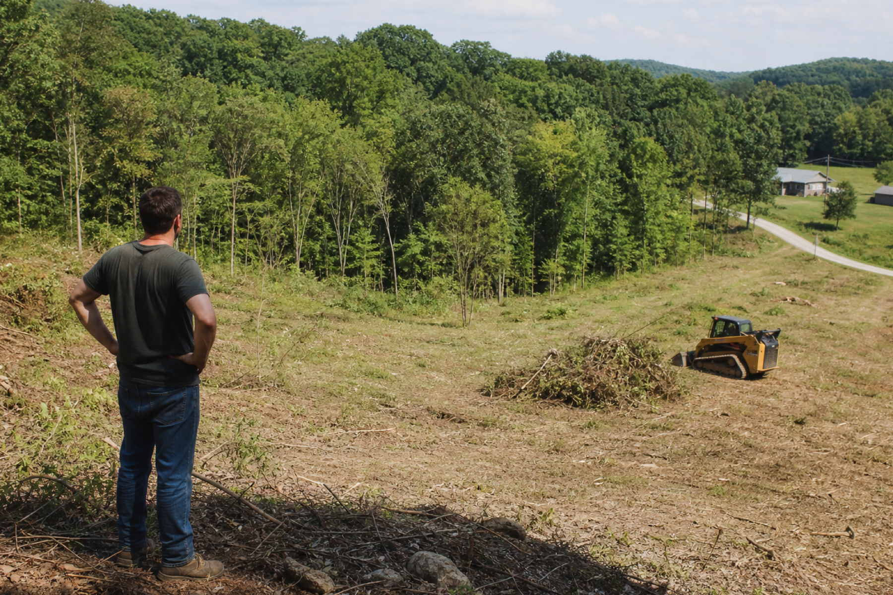 Overgrown wooded acreage being evaluated before purchase
