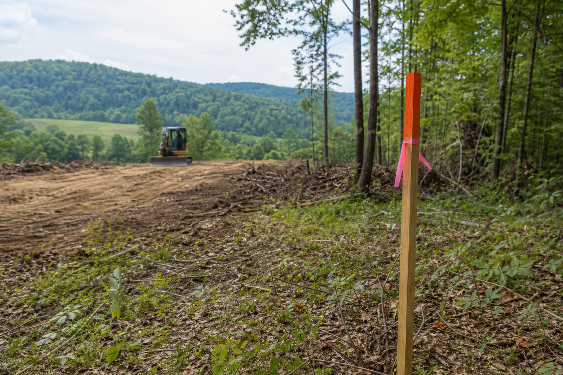 Property boundary marker on rural wooded land
