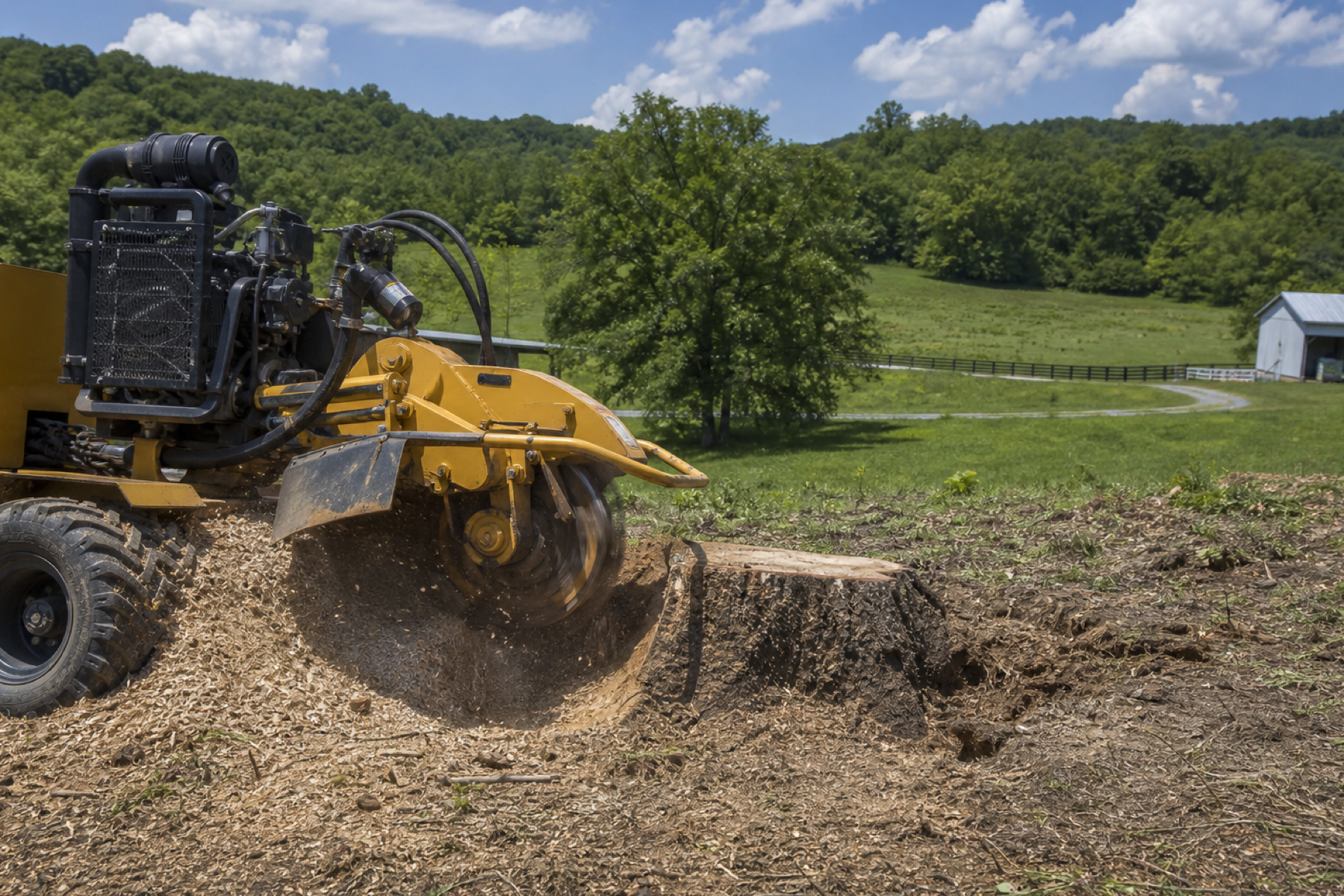 Stump and root removal on cleared rural ground