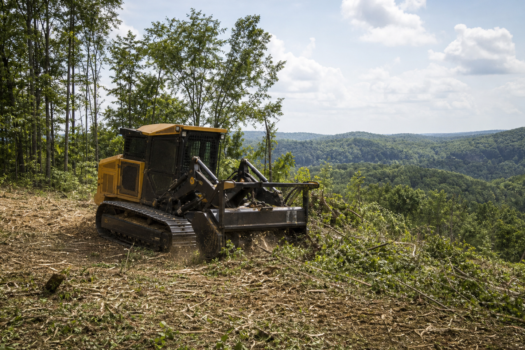 Land-clearing machine working through wooded acreage