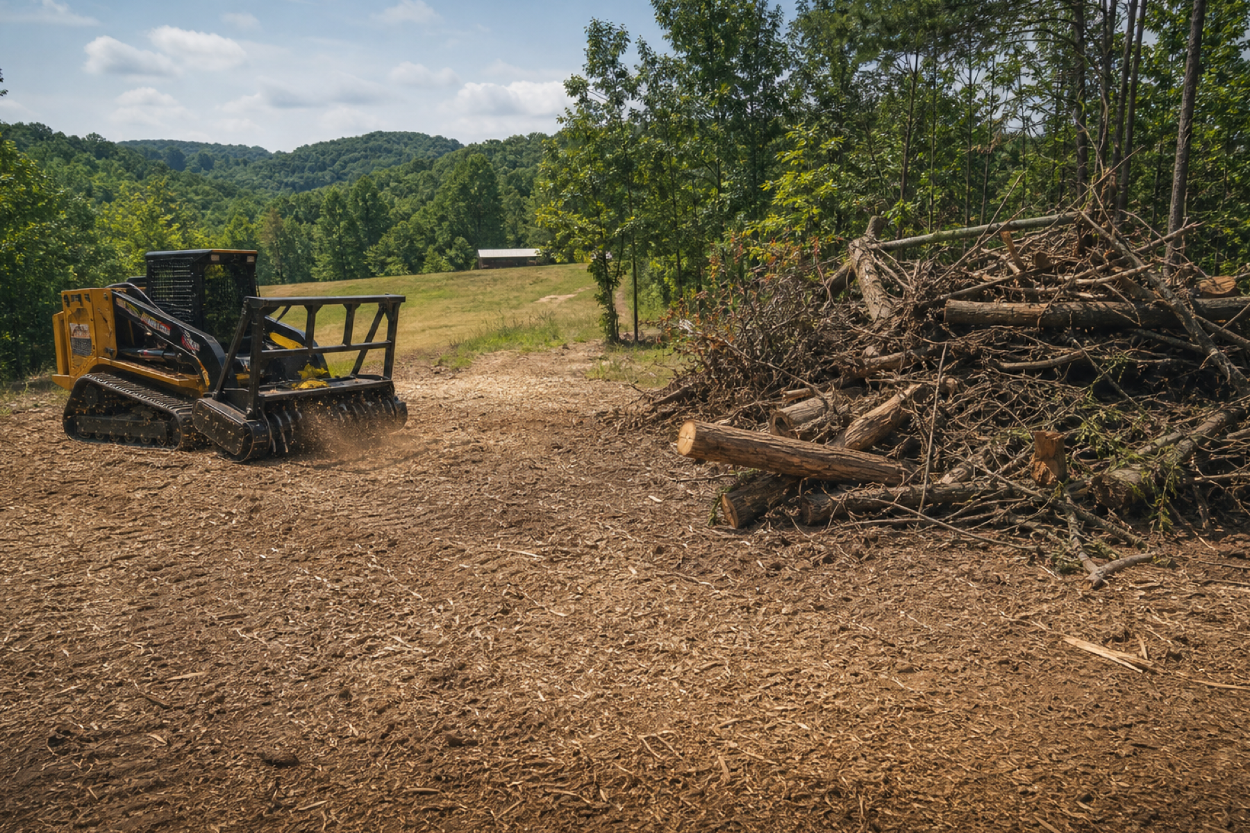 Mulch layer and cleared ground after forestry mulching