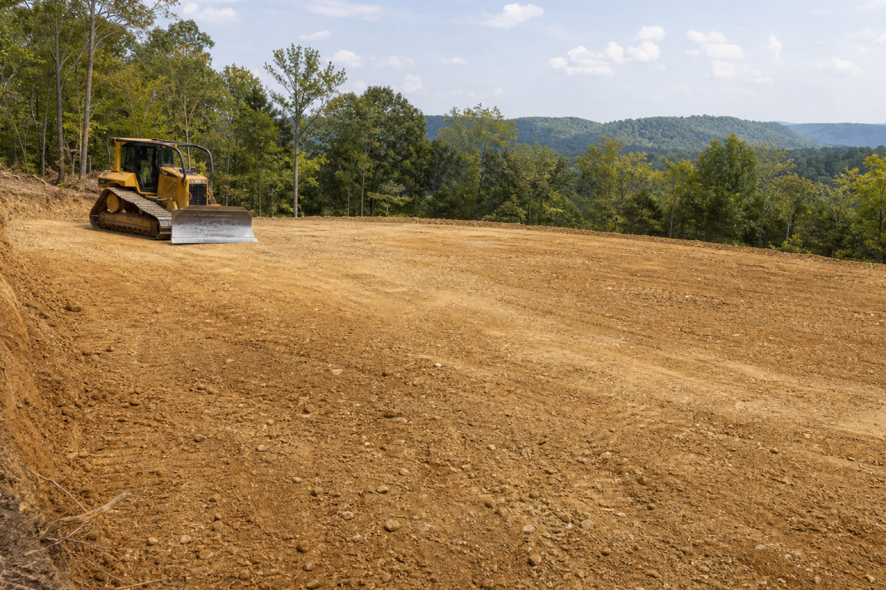 Level, compacted building pad on a cleared site