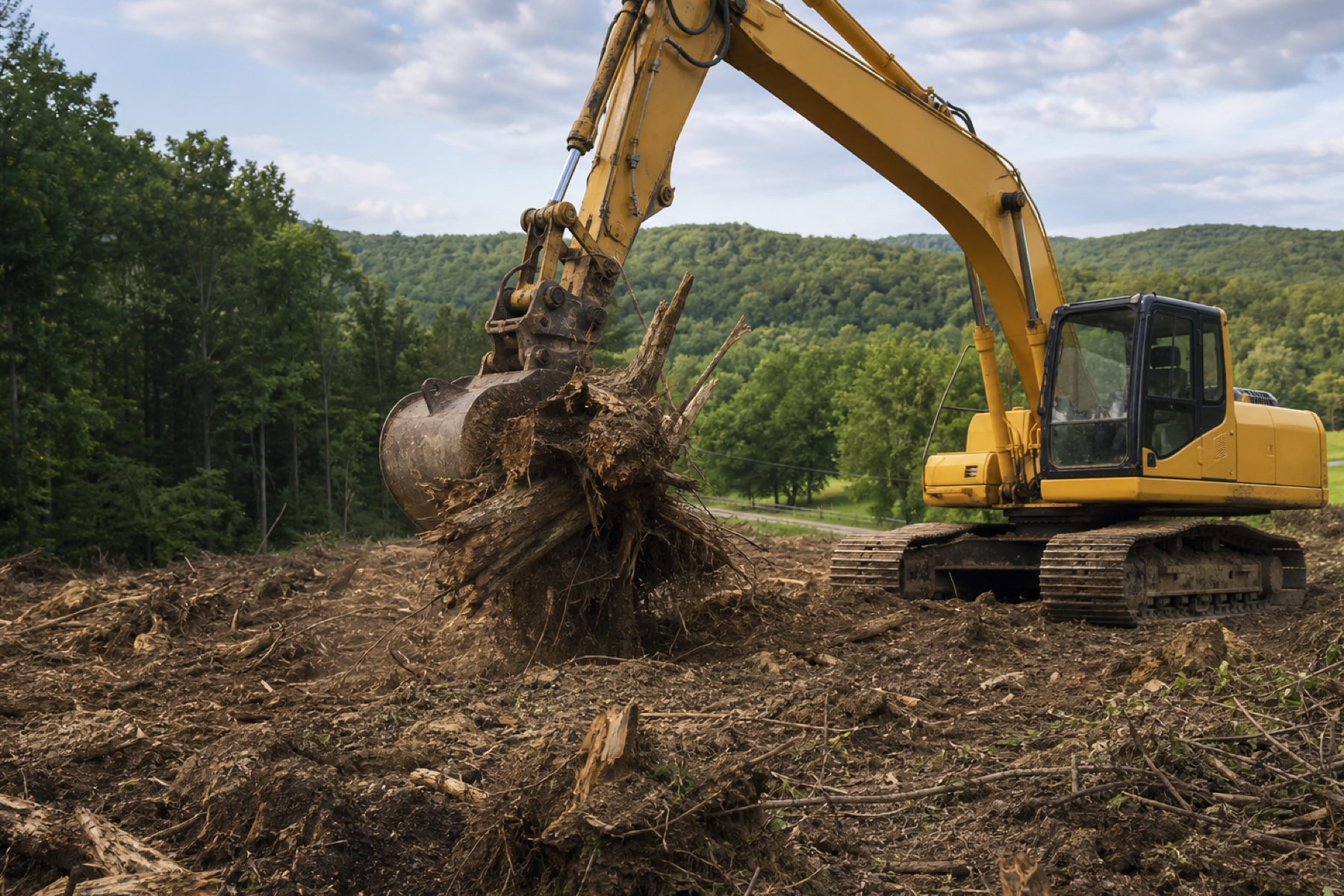 Excavator removing stumps and roots during grubbing