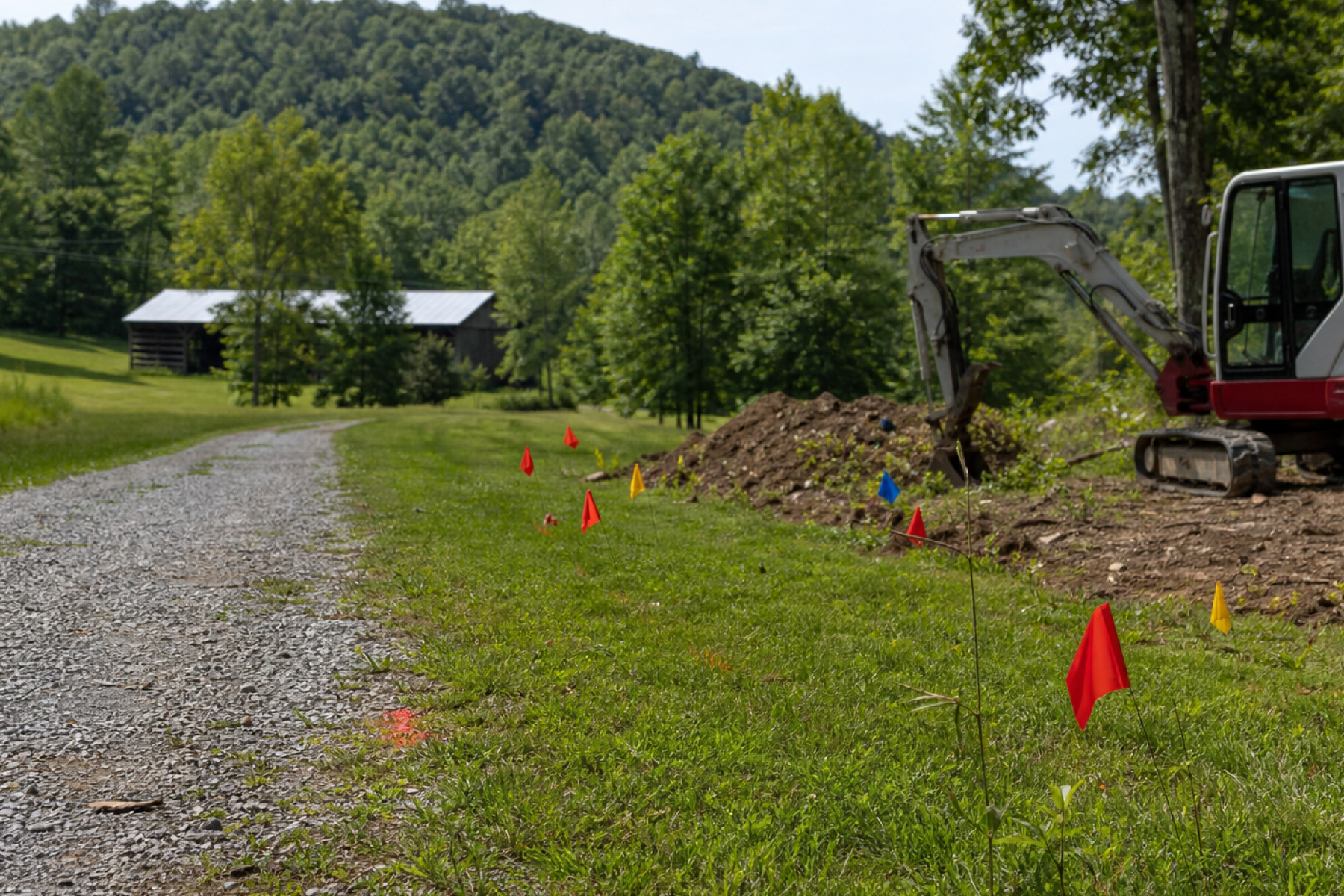 Utility marking flags on a property before excavation