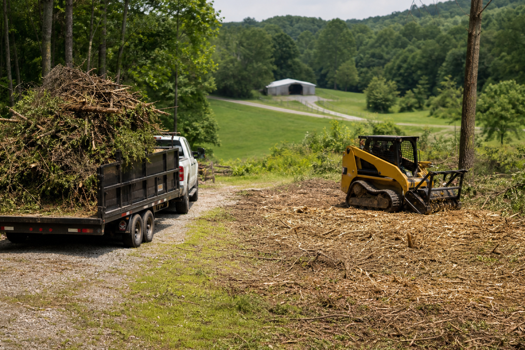 Cleared trees and brush being loaded for haul-off