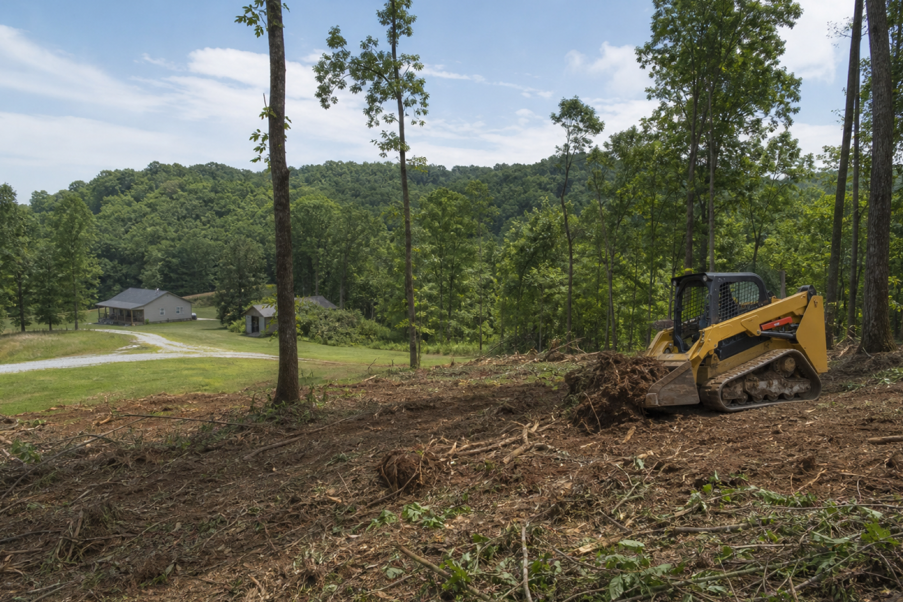 Small wooded lot being cleared with tracked equipment