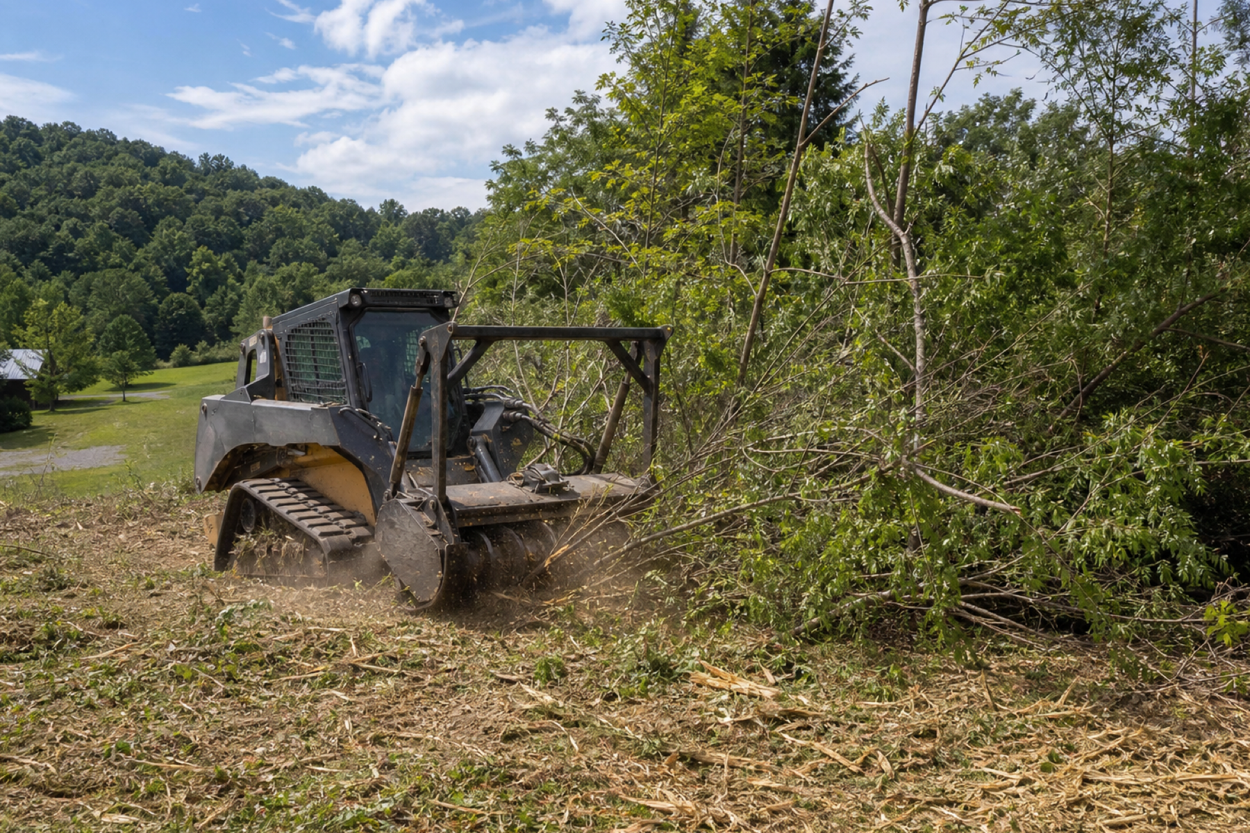 Forestry mulching equipment processing brush and saplings on rural property