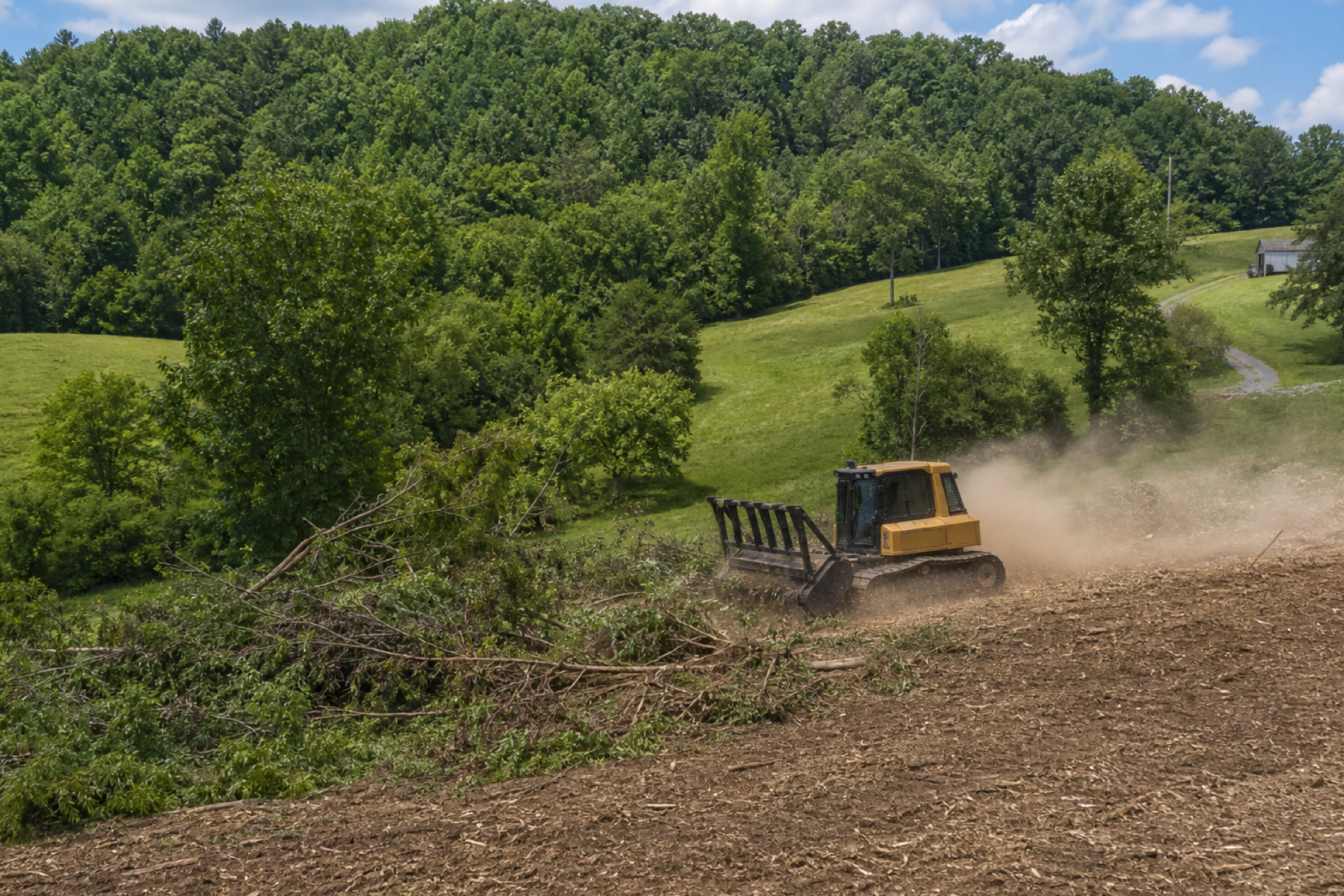 Land-clearing equipment working on wooded rural property in Tennessee