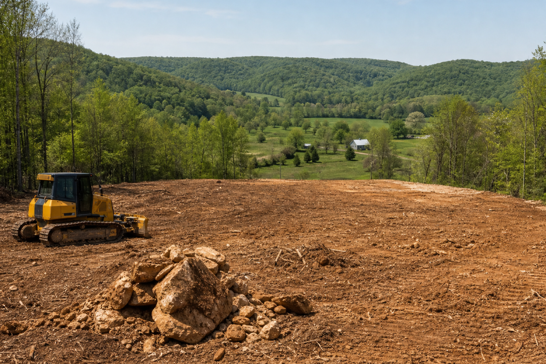 Cleared rural building site being prepared for grading and construction