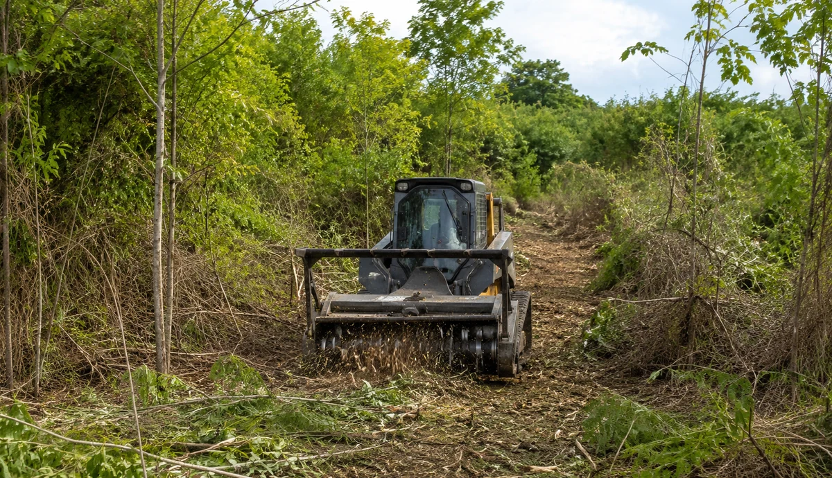 Mulching machine clearing dense brush and saplings from a rural parcel