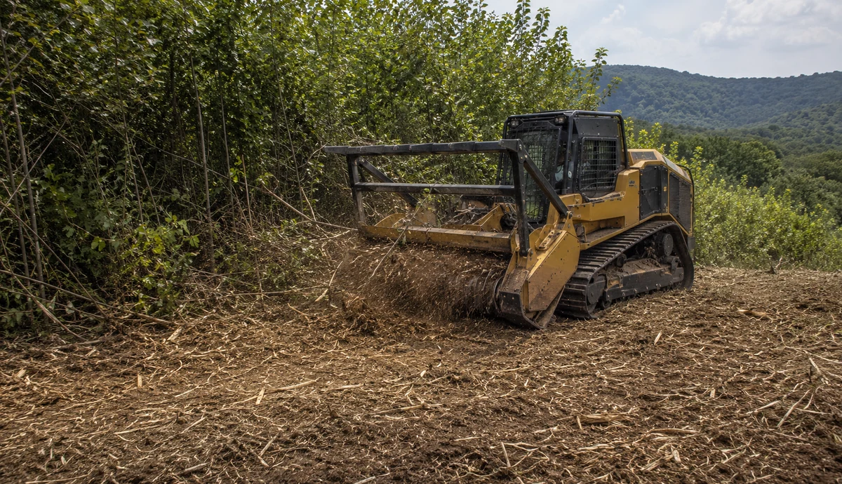 Tracked forestry mulcher processing brush and saplings
