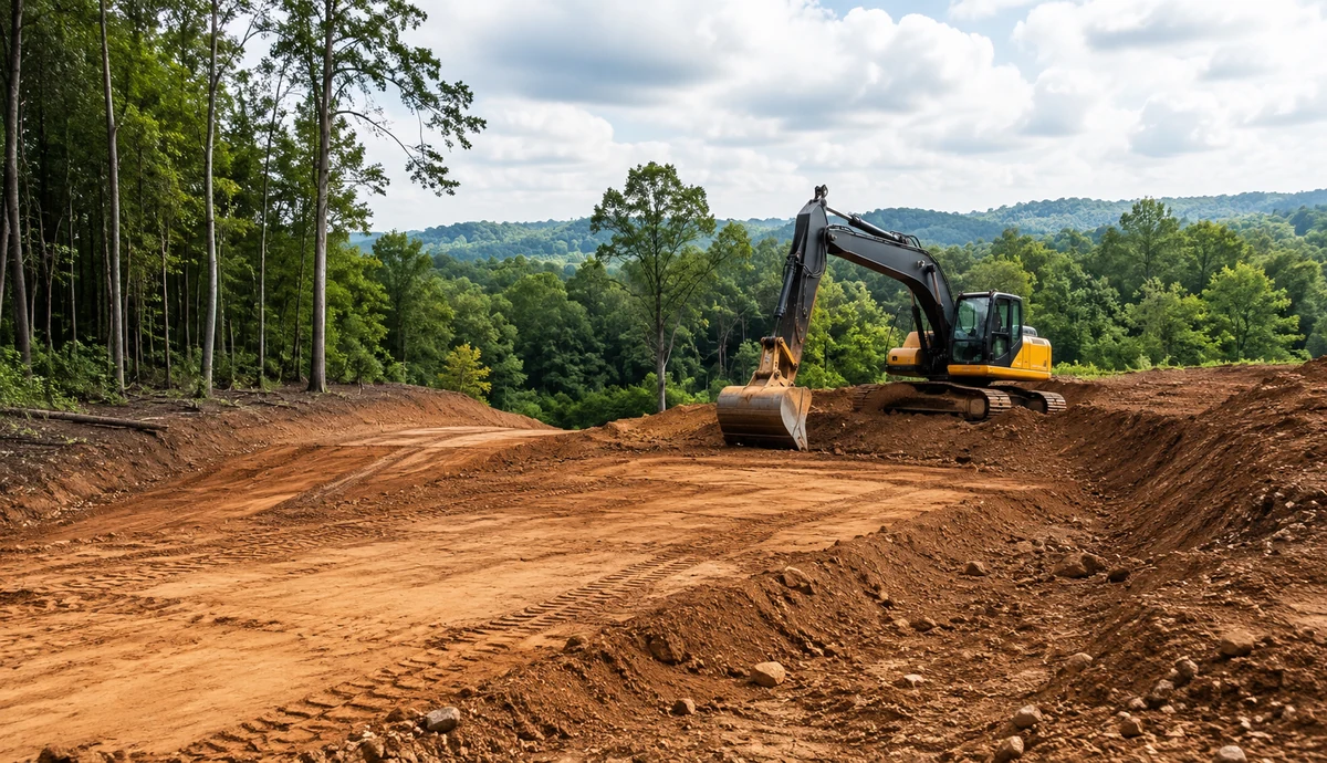 Excavator grading a rural construction site after land clearing